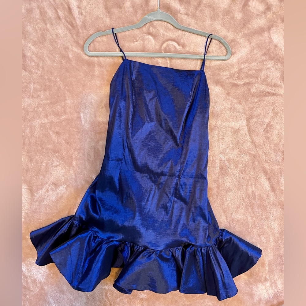 Shiny blue Bardot minidress!